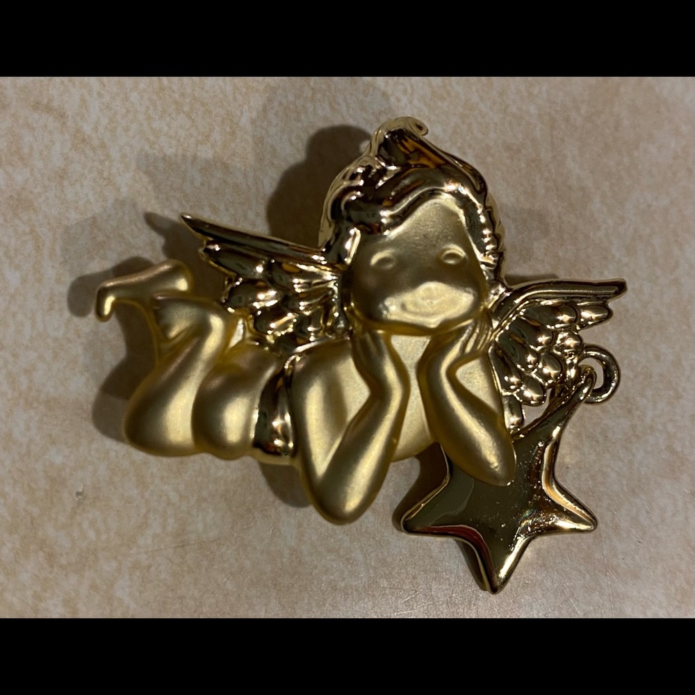 AJC Gold Tone Angel, Star Brooch, Pin, Vintage